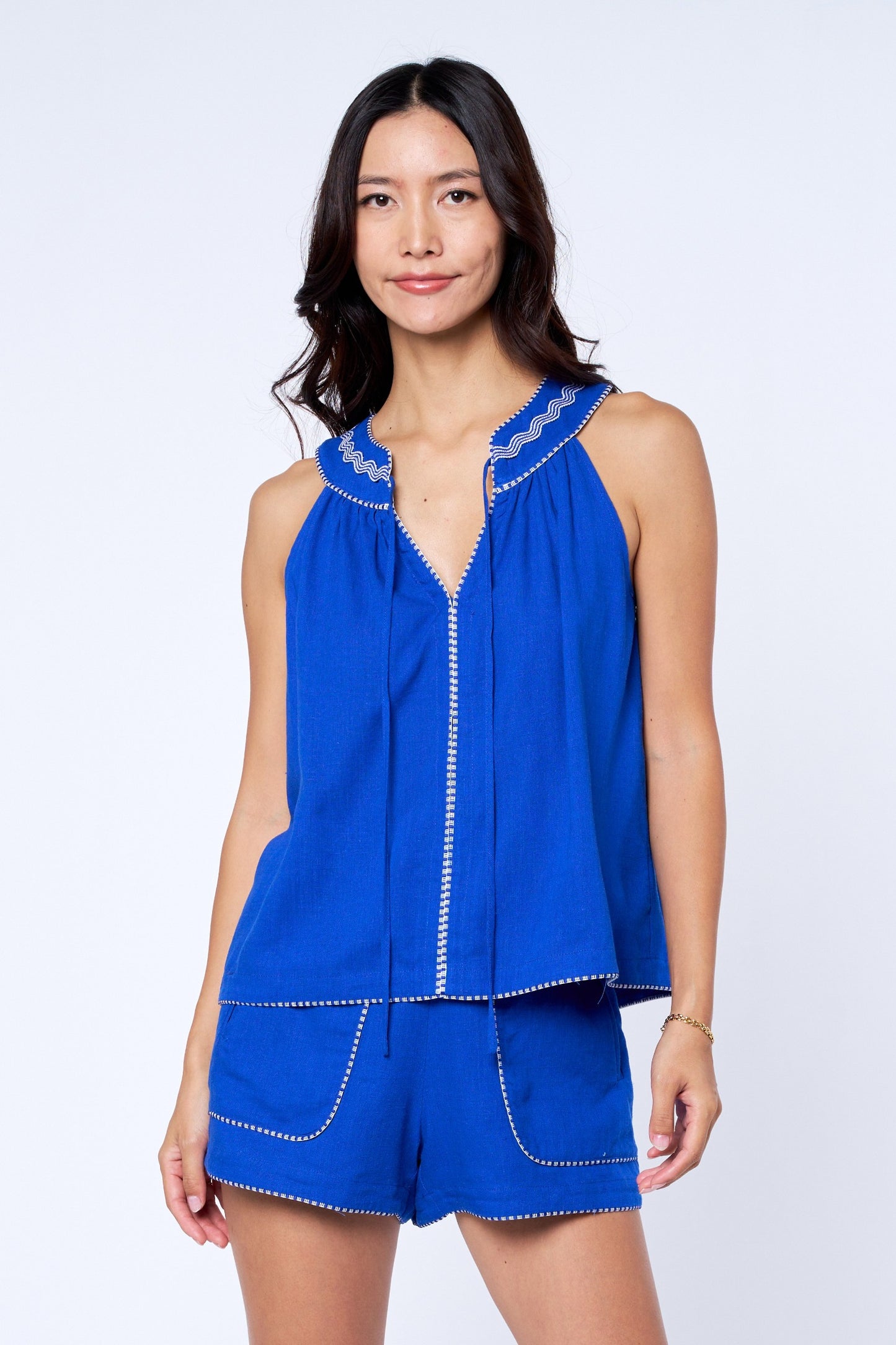 Linen Halter Top With Piping