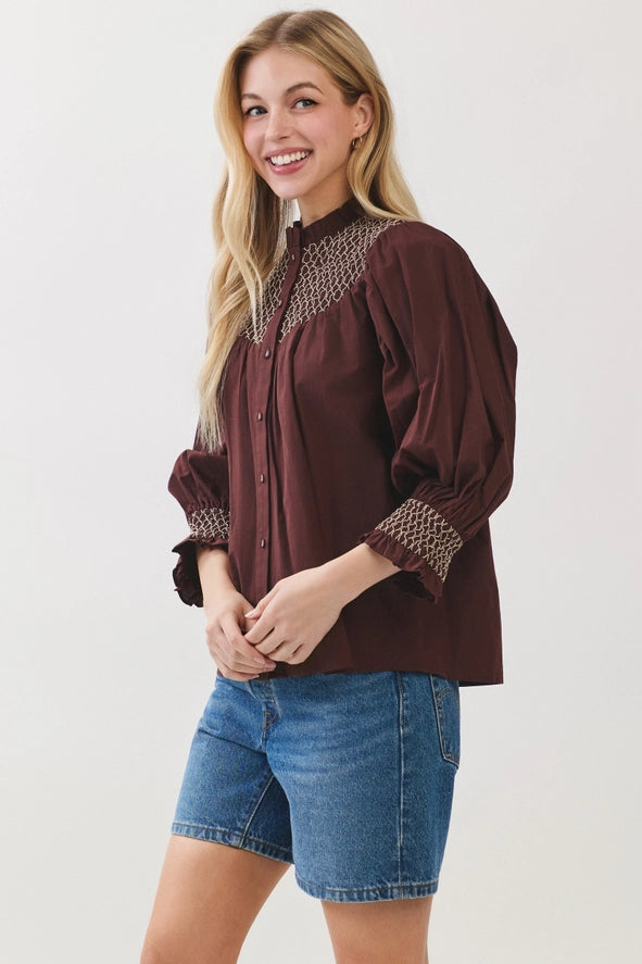 Embroidered Button Down Blouse